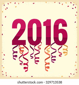 Origami style 2016 New Year with colorful confetti and paper streamers. Retro vector illustration