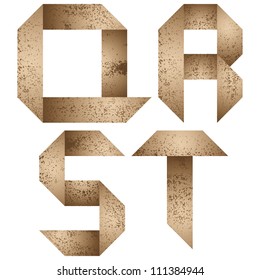 Origami style alphabet with rusty grunge texture, letters q, r, s, t.
