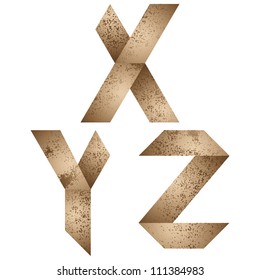 Origami style alphabet with rusty grunge texture, letters x, y, z.