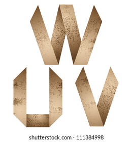 Origami style alphabet with rusty grunge texture, letters u, v, w.