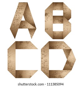 Origami style alphabet with rusty grunge texture, letters a, b, c, d.