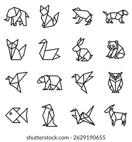 Origami style animals set in line art. Vector illustration. Editable stroke.