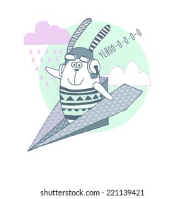  Origami Style background .Card design with cute bunny in airplane