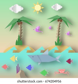 Origami Style Crafted out of Paper with Cut Birds, Crab, Shark, Fish, Sun, Sky. Abstract Underwater Life. Template Under the Water with Cutout Elements, Symbols. Vector Illustrations Art Design.