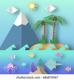 Origami Style Crafted out of Paper with Cut Palm, Mountain, Fish, Sun, Clouds. Abstract Scene Underwater Life. Template Under the Water Cutout Elements, Symbols. Vector Illustrations Art Design.