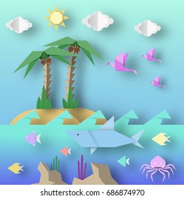 Origami Style Crafted out of Paper with Cut Shark, Palm, Birds, Fish, Sun, Clouds. Abstract Scene Underwater Life. Template Under the Water Cutout Elements, Symbols. Vector Illustrations Art Design.