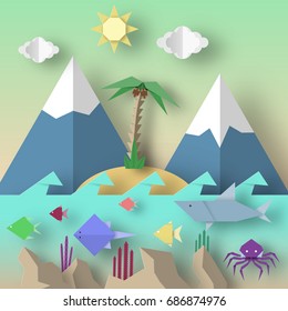 Origami Style Crafted out of Paper with Cut Shark, Stingray, Octopus, Fish, Sun, Sky. Abstract Underwater Life. Template Under the Water Cutout Elements, Symbols. Vector Illustrations Art Design.