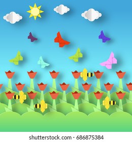 Origami Style Crafted out of Paper with Cut Colorful Flowers, Butterflies, Bee. Abstract Scene Flying Insects. Card with Cutout Elements, Symbols. Spring Landscape. Vector Illustrations Art Design.