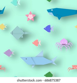 Origami Style Crafted out of Paper with Cut Animals. Abstract Scene Underwater Life. Seamless Pattern: Under the Water Cutout Elements, Symbols for Fabric, Textile. Vector Illustrations Art Design.