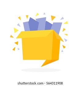Origami style flat open gift box with confetti vector illustration.