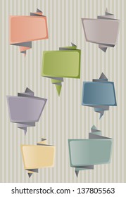 Origami style folded paper speech bubbles in old-fashioned colours against candy stripe background. EPS10 vector format. Space for your text