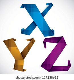 Origami style font, colorful vector letters X Y Z.