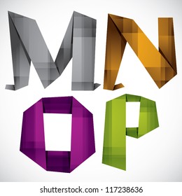 Origami style font, colorful vector letters M N O P.