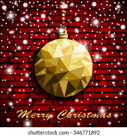 Origami style gold Christmas toy with shadow on illuminated red brick wall background with snow. Vector illustration