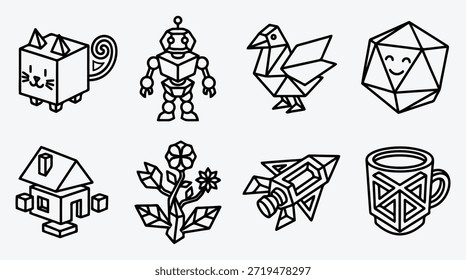 Iconos de estilo de origami de objetos y animales en el arte lineal