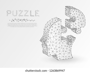Origami style Jigsaw Puzzle head 3d silhouette. Business infographic presentation. low poly model of human head in form of Polygonal connection with wireframe. Vector autism or Down Syndrome concept