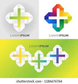 Origami style logo. Perfect sign for medicine, pharmacy, beauty, fashion, building, web or polygraphy industry. Plus simbol in vector.