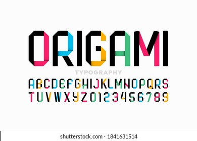 Origami style modern vivid font, paper alphabet letters and numbers vector illustration