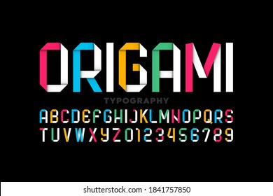 Origami style modern vivid font, paper alphabet letters and numbers vector illustration