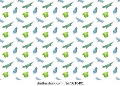 Origami style pattern. Turtle, whale, swordfish, squid.