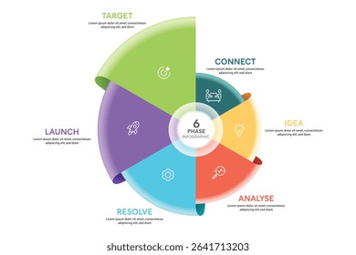 Origami Style Pie Chart Circle Infographic Template With 6 Options, Steps, Parts, Segments. Business Concept. Marketing iInfographic Vector Illustration.