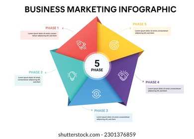 Plantilla infográfica de pentágono con 5 opciones, pasos, partes, segmentos. Concepto de negocio. ilustración vectorial de infografía de marketing.