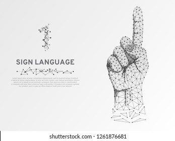 Origami style Sign language number one gesture, low poly model of human hand pointing, showing. Deaf people silent communication alphabet. Polygonal connection wireframe. Vector 1 on white background