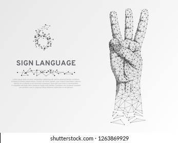 Origami style Sign language number six gesture, hand with three fingers pointing up. Polygonal low poly. Deaf People silent communication alphabet. Connection wireframe. Vector on white background