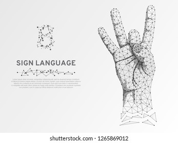 Origami style Sign language number eight gesture, fillip, flick, finger kick gesture. Polygonal low poly. Deaf People silent communication alphabet. Connection wireframe. Vector 8 on white background