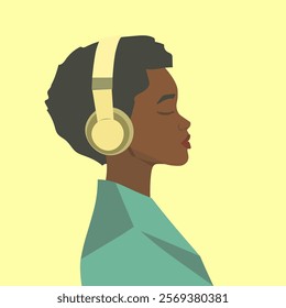 Origami style silhouette of folded paper, geometric precision, of a young African woman with dark skin and short hair, in profile view, wearing headphones. Vector flat illustration. 