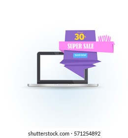 Origami Style Super Sale Pop-up Banner and Computer Illustration, Ad Web Template