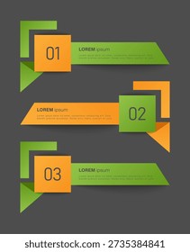 Plantilla de infografía de Vertical de dos colores de estilo origami con procesos de tres pasos. Diseño para visualización de datos.