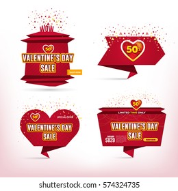 Origami Style Web Banner Collection. Red Colors Valentine's Day Sale Ad Flyer, Poster. Vector Business Advertising Theme Shopping Set
