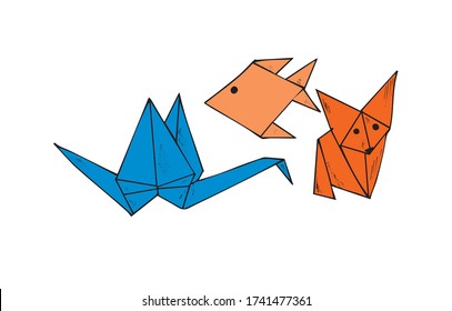 Origami swan, fish, fox cartoon vector drawing