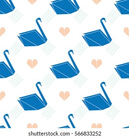 Origami swan and heart pattern. Seamless background.
