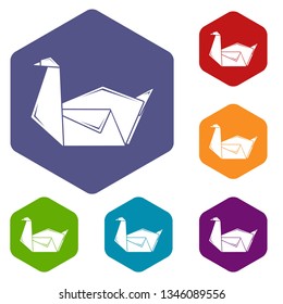 Origami swan icons vector colorful hexahedron set collection isolated on white