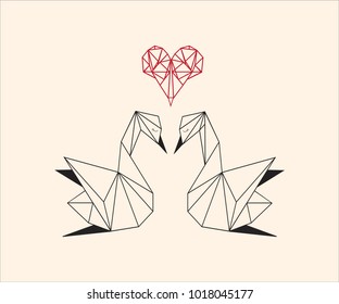 Origami swans valentines,Valentines day pink background with two white swans and red heart.