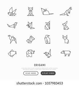 Origami thin line icons set: penguin, camel, fox, bear, sparrow, fish, mouse, bird, elephant, kangaroo, hare, seal, raccoon. Modern vector illustration for workshop.