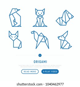 Origami thin line icons set: penguin, fox, camel, dog, cat, hare. Modern vector illustration for creative workshop.