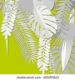 Origami tropical plants. White leaves of paper on mustard background