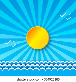 Origami Tropical sea with bright sun. Applique Summer vector landscape - turquoise sea with waves on a blue sky with white birds.Vector illustration
