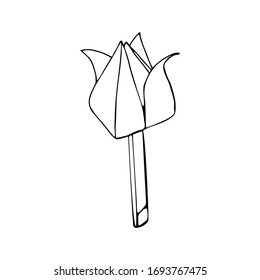 Origami tulip isolated on white background. Black outline. Hand-drawn coloring book for adults and children. Japanese style. Design of postcards, flyers, brochures. Vector illustration.