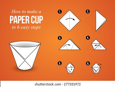 Origami Tutorial â?? Make a Paper Cup in 6 easy steps with orange background (landscape orientation)