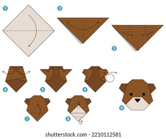 Origami tutorial. Origami scheme for kids. Bear. 