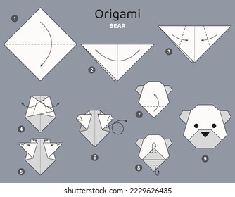 Origami tutorial. Origami scheme for kids. Bear.