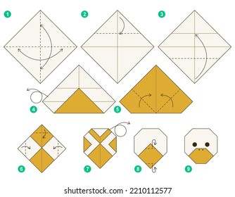 Origami tutorial. Origami scheme for kids. Duck. 