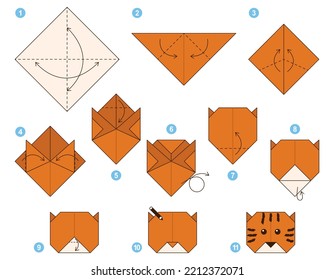 Origami tutorial. Origami scheme for kids. Tiger. 