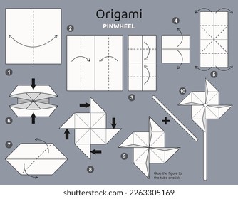 Origami tutorial. Origami scheme Pinwheel for kids .