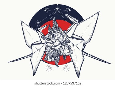 Origami, two paper cranes. Symbol of love, fidelity, devotion, family. Paper birds and roses flowers t-shirt design 