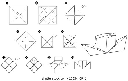 Origami two-pipe paper steamer. Monochrome black and white vector illustration.Do-it-yourself ship simple tutorial.